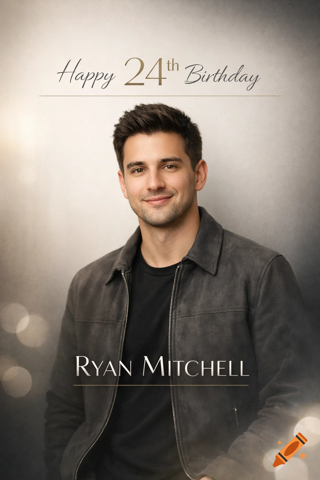 A smiling man in a dark jacket poses for a photorealistic, elegant birthday poster with 'Happy 24th Birthday Ryan Mitchell' text.