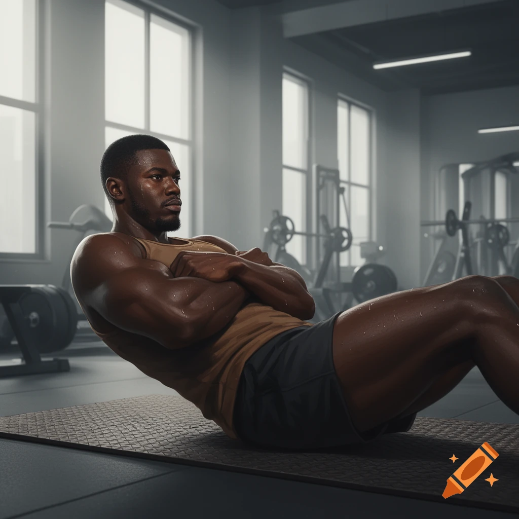 A sweaty Black man in a tank top and shorts doing situps on a mat in a gym, arms folded across his chest.