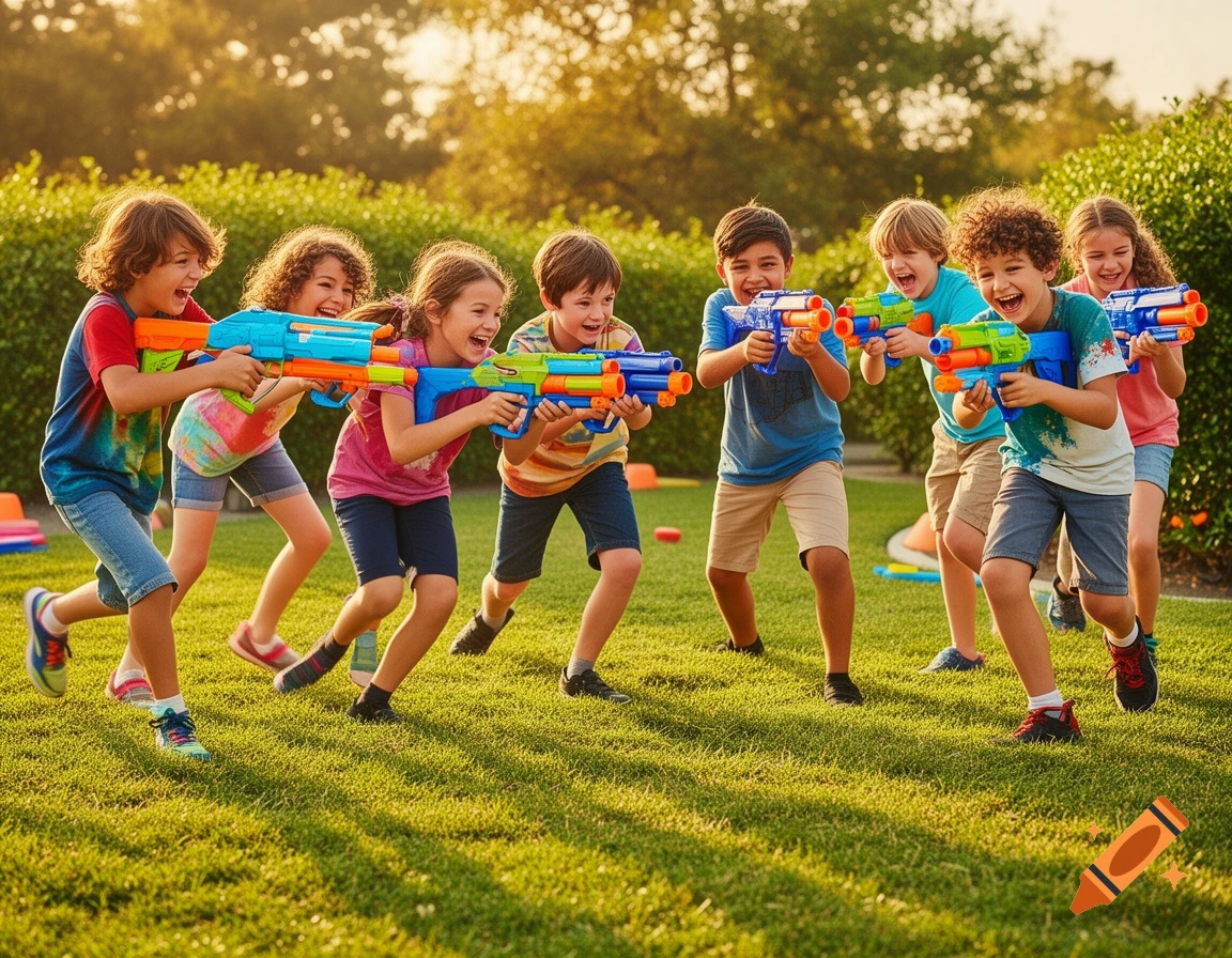 Seven joyful children run through a sunny grassy yard, playing with colorful toy blasters.