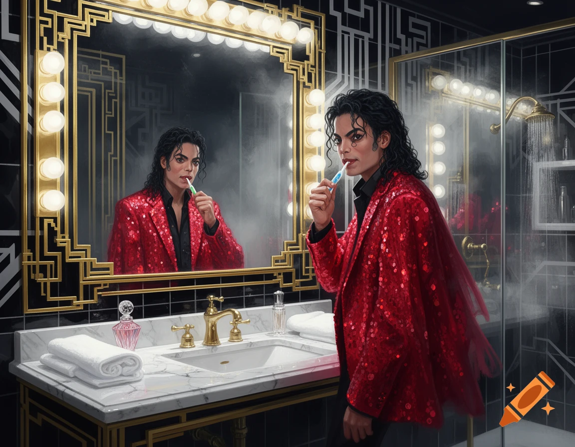Michael Jackson in a red sequin jacket brushes his teeth in a glamorous art deco bathroom, reflected in a mirrored vanity.