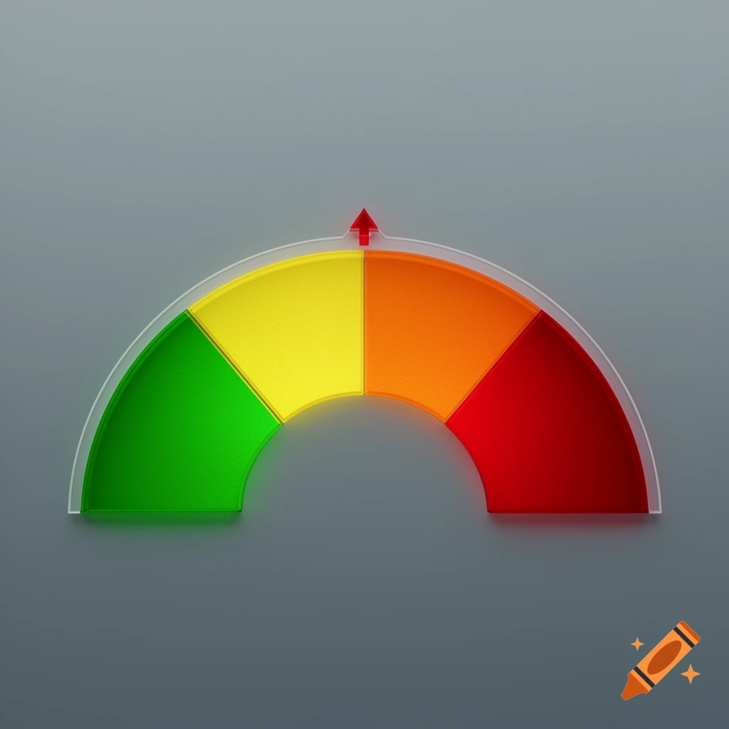 A semi-circle rating meter with four sections colored green, yellow, orange, and red. A red arrow points to the yellow section.