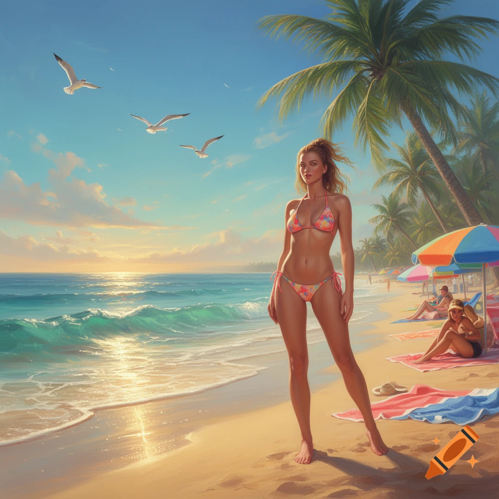A woman in a colorful bikini stands on a sunny beach with palm trees and ocean waves in a photorealistic style.