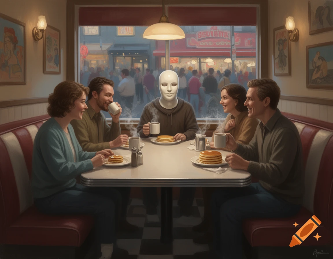 Four people sit at a diner table, one wearing a white mask, while the other three smile and drink coffee. Photorealistic style.