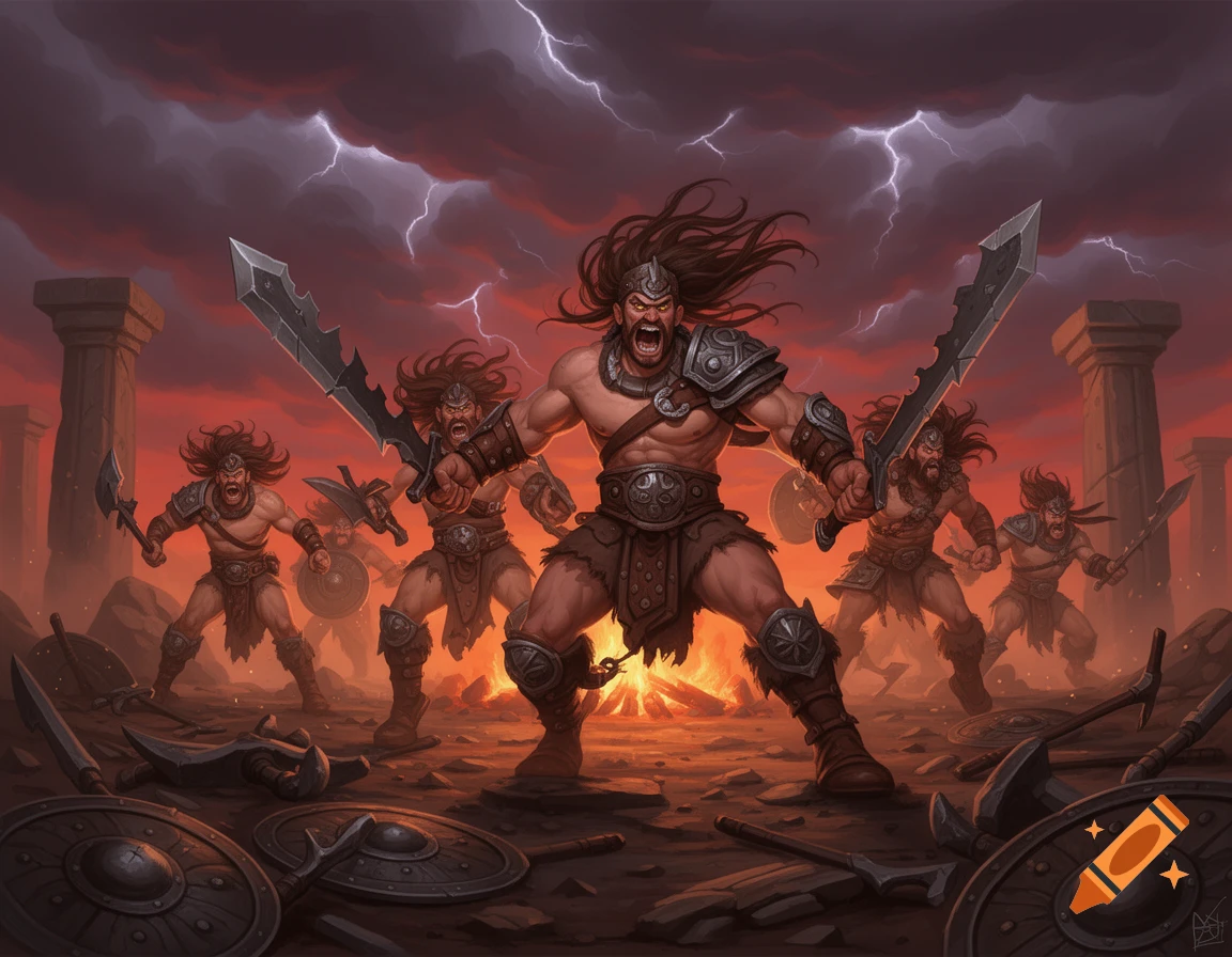 A group of roaring barbarian warriors with swords and axes stand amidst ruins under a stormy, lightning-filled red sky.