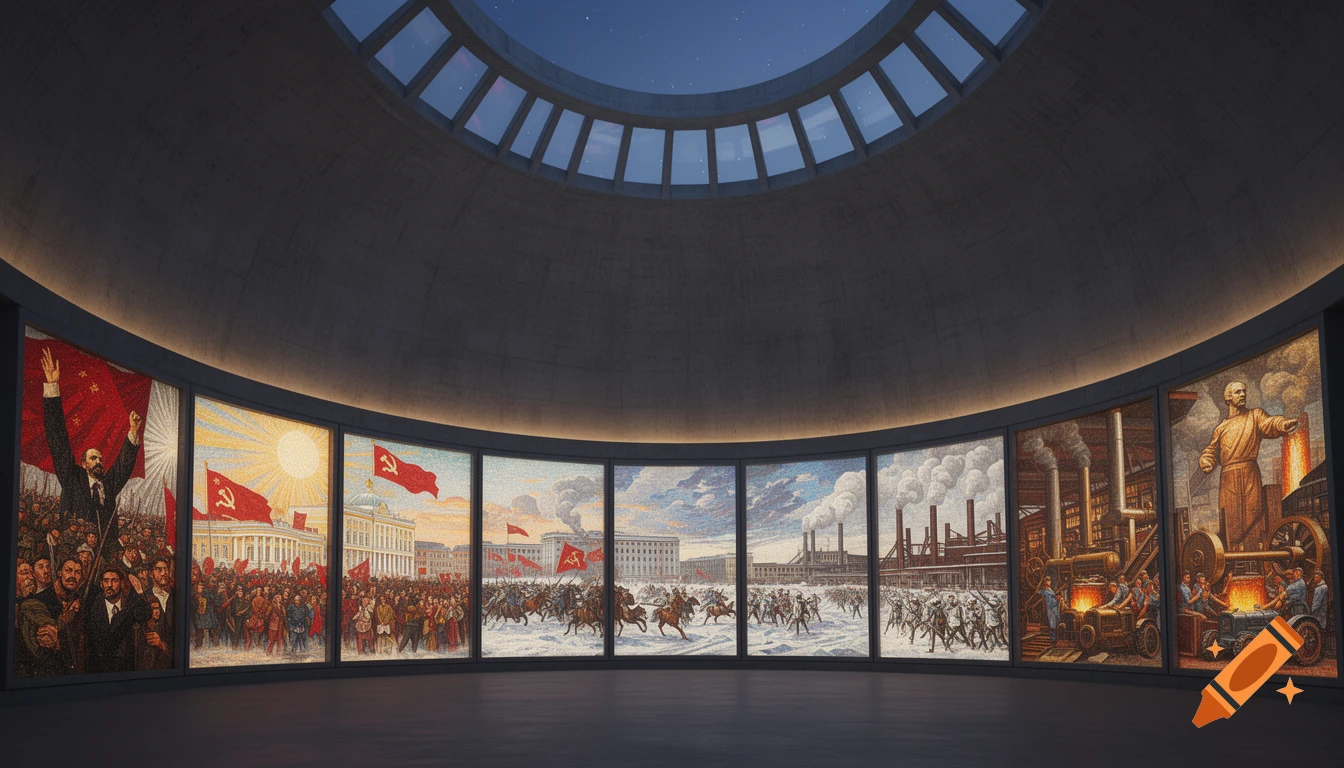 A vast, curved concrete room featuring a series of large mosaic art panels depicting scenes from Soviet history, lit by a skylight.