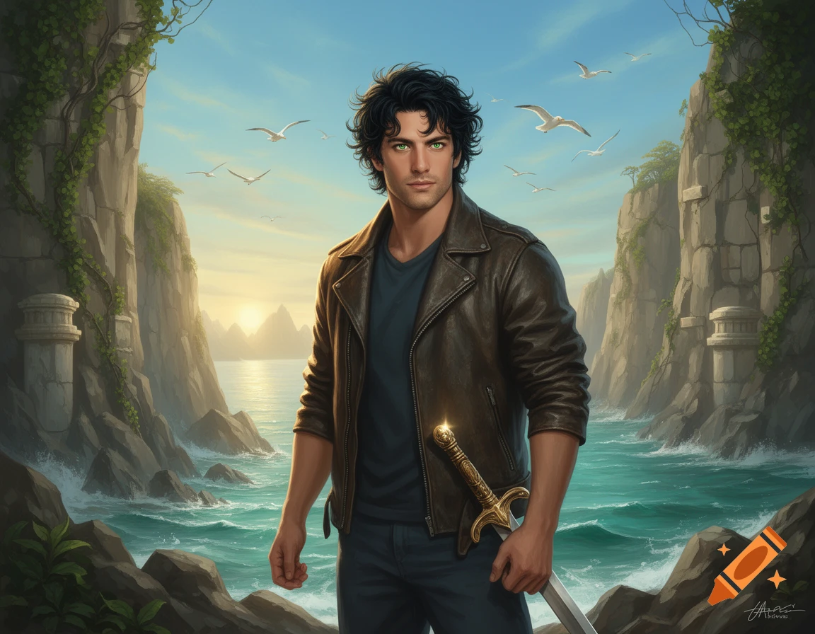 A man with dark curly hair and green eyes, in a leather jacket, holds a golden sword on a rocky coast with turquoise sea and sunset.