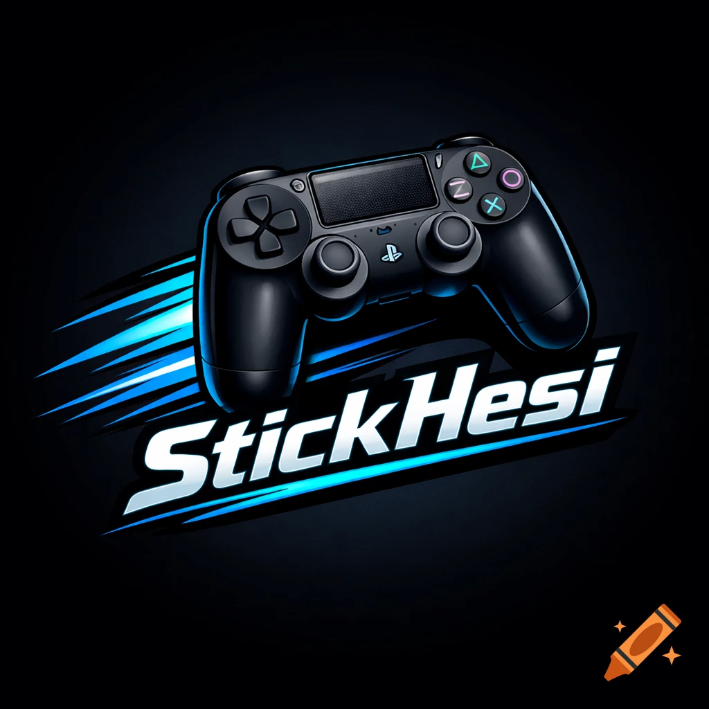 A black PS4 gaming controller with blue speed lines and the text 'StickHesi' on a dark background, in a modern logo style.