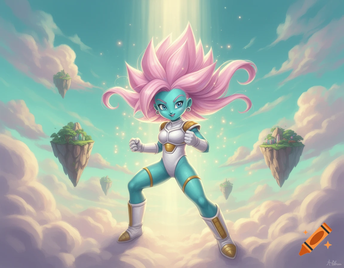 Anime-style character with blue skin and spiky pink hair in white armor, striking a pose in a cloudy sky with floating islands.