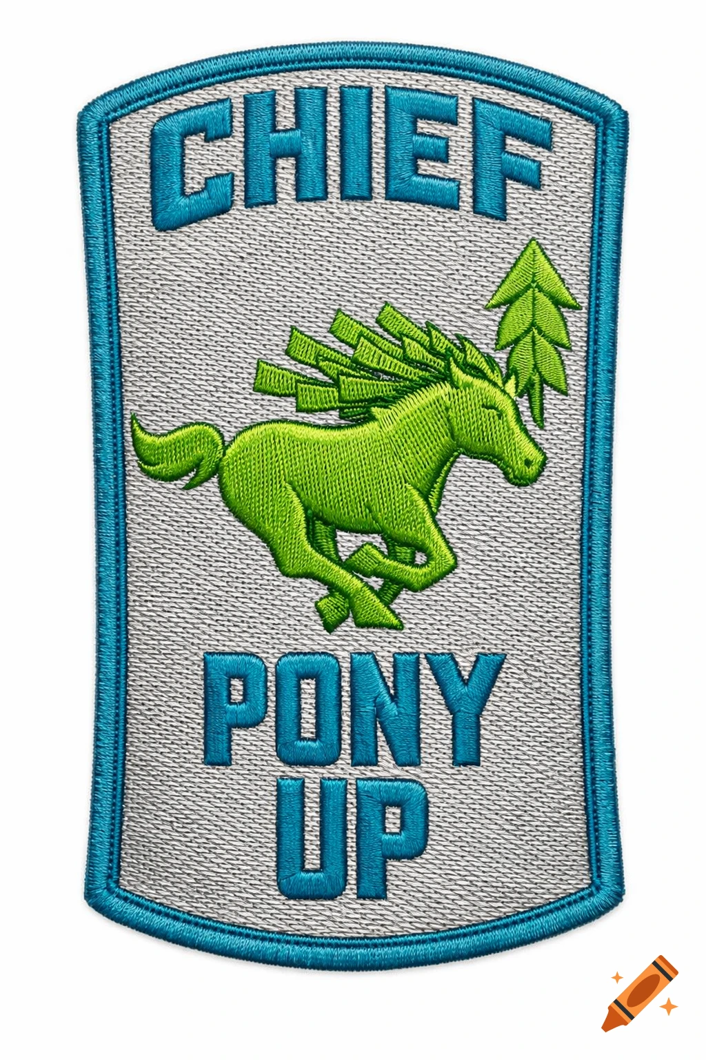 Embroidered patch with 'CHIEF' at the top, a lime green running horse with a dollar bill mane, a feather arrow, and 'PONY UP' at the bottom.