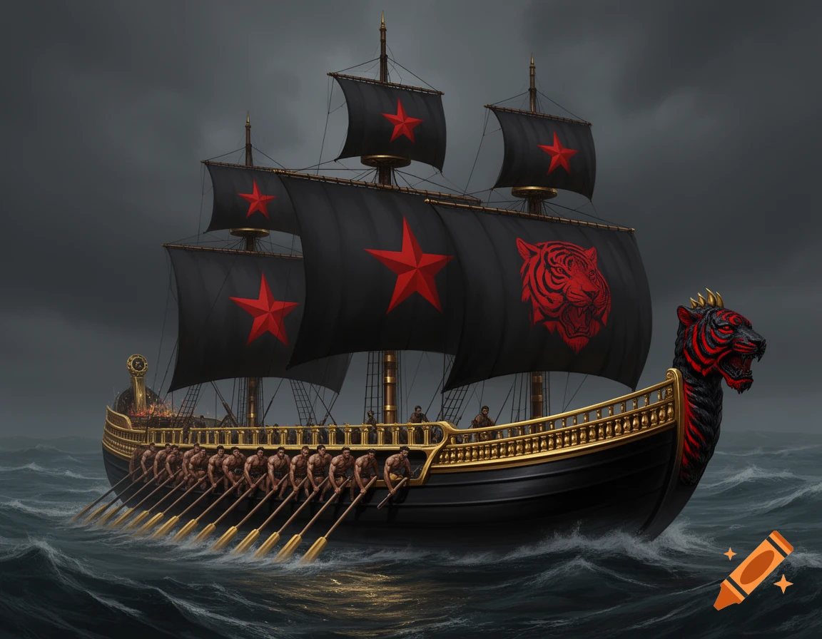A stylized ancient black warship with gold trim, red stars and a tiger head on black sails, with rowers in rough seas under a dark sky.