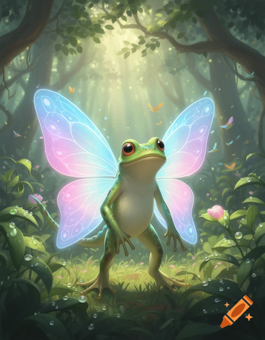 A magical-looking green frog with glowing pink and blue butterfly wings stands in a sun-dappled forest, surrounded by lush plants and dewdrops.