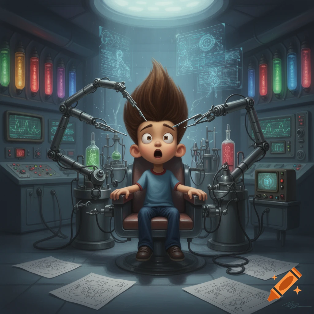 A scared cartoon boy resembling Jimmy Neutron is strapped into a chair in a futuristic science lab, with robotic arms aimed at his head.