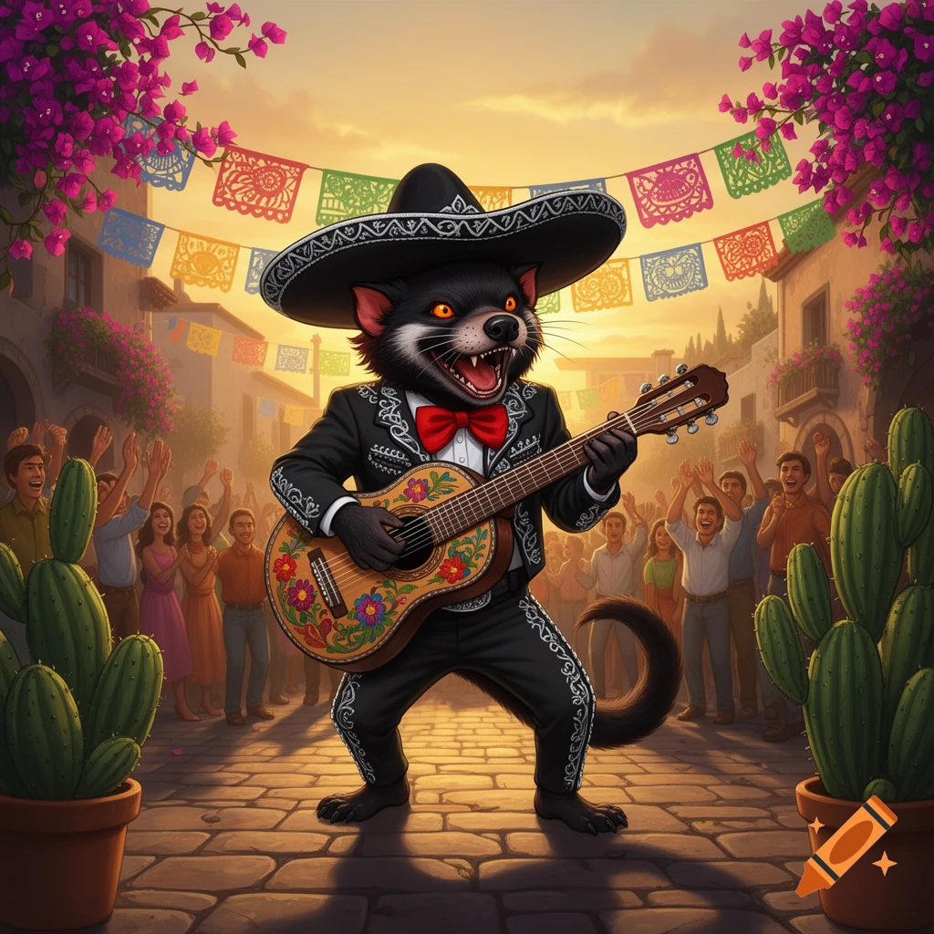 A Tasmanian devil in a mariachi suit plays a guitar in a festive street, surrounded by cheering people, cacti, and colorful banners at sunset.