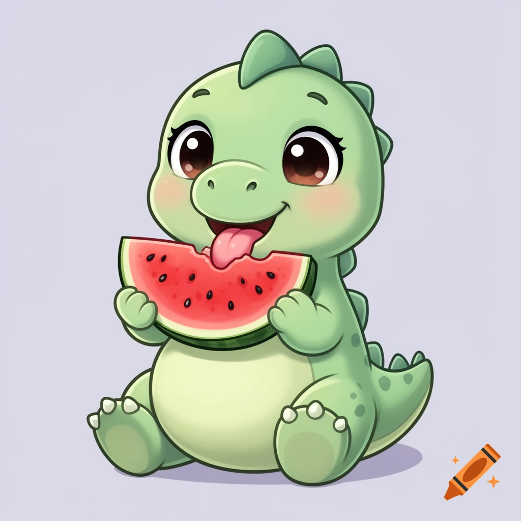 A cute green cartoon dinosaur with large eyes happily eats a slice of watermelon.
