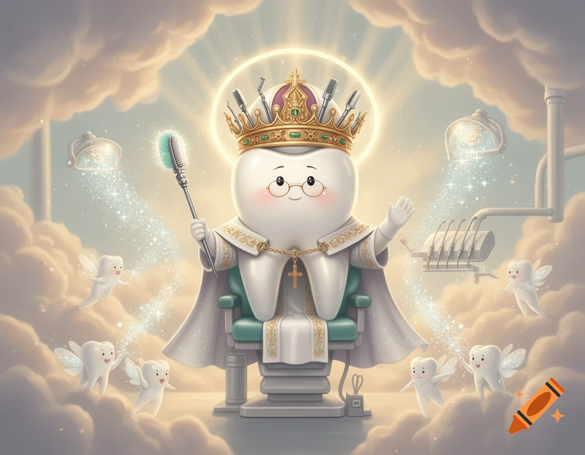 A cartoon tooth pope in a dental chair, holding a toothbrush scepter, surrounded by flying tooth fairies in a cloudy sky.