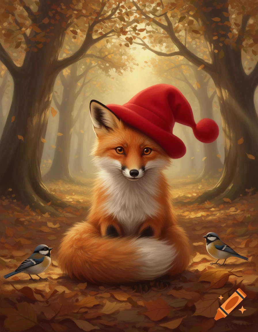 A cute orange fox wearing a red hat sits in an autumn forest with ...