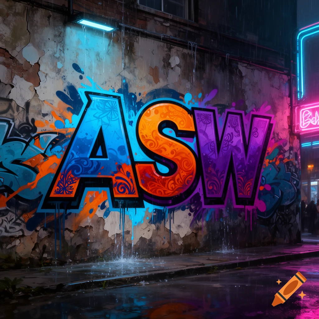 Vibrant graffiti art spelling 'ASW' on a weathered city wall at night ...