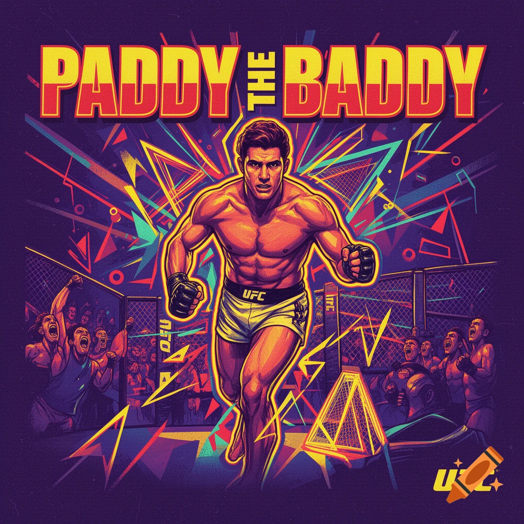 A retro, bold illustration of a muscular MMA fighter, Paddy the Baddy, running in an arena with a crowd, and UFC logo.