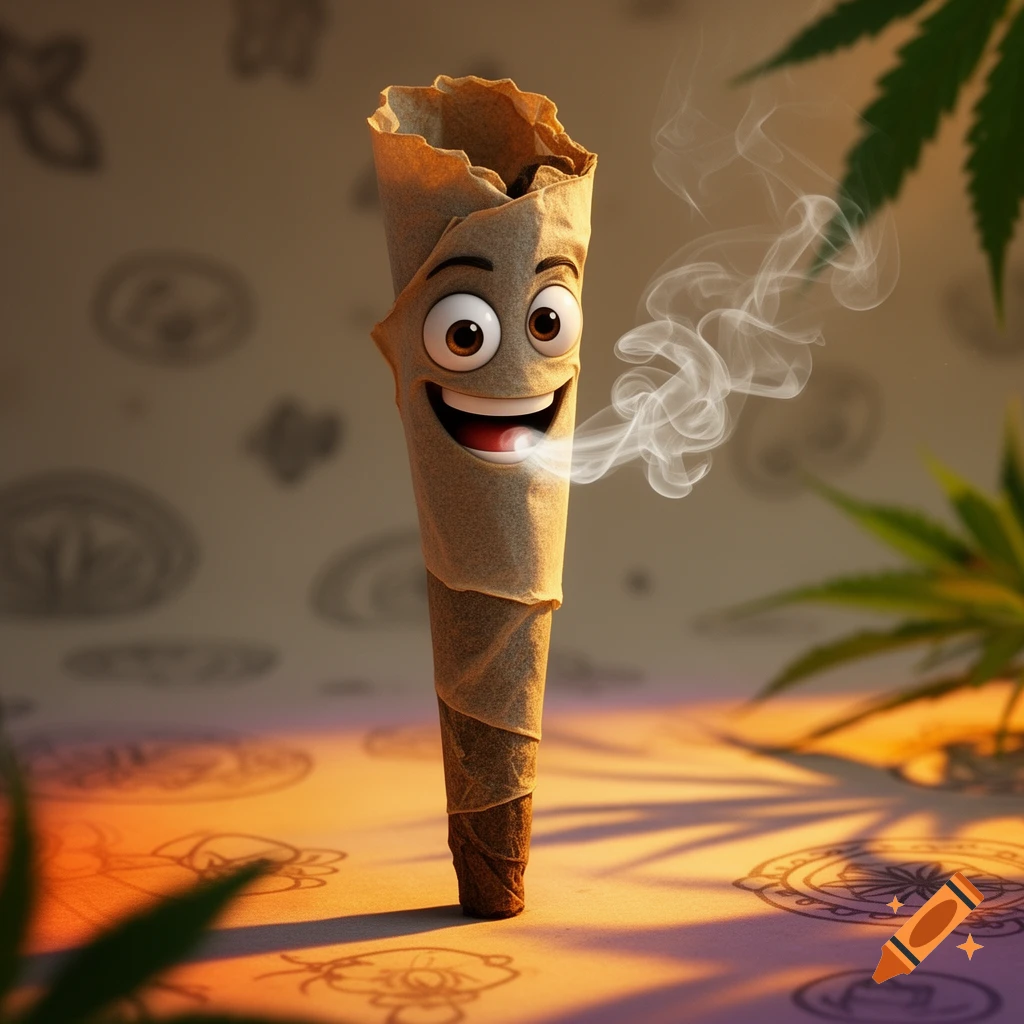 Cartoon anthropomorphic spliff with a happy face, exhaling smoke, on a surface with cannabis leaf patterns.