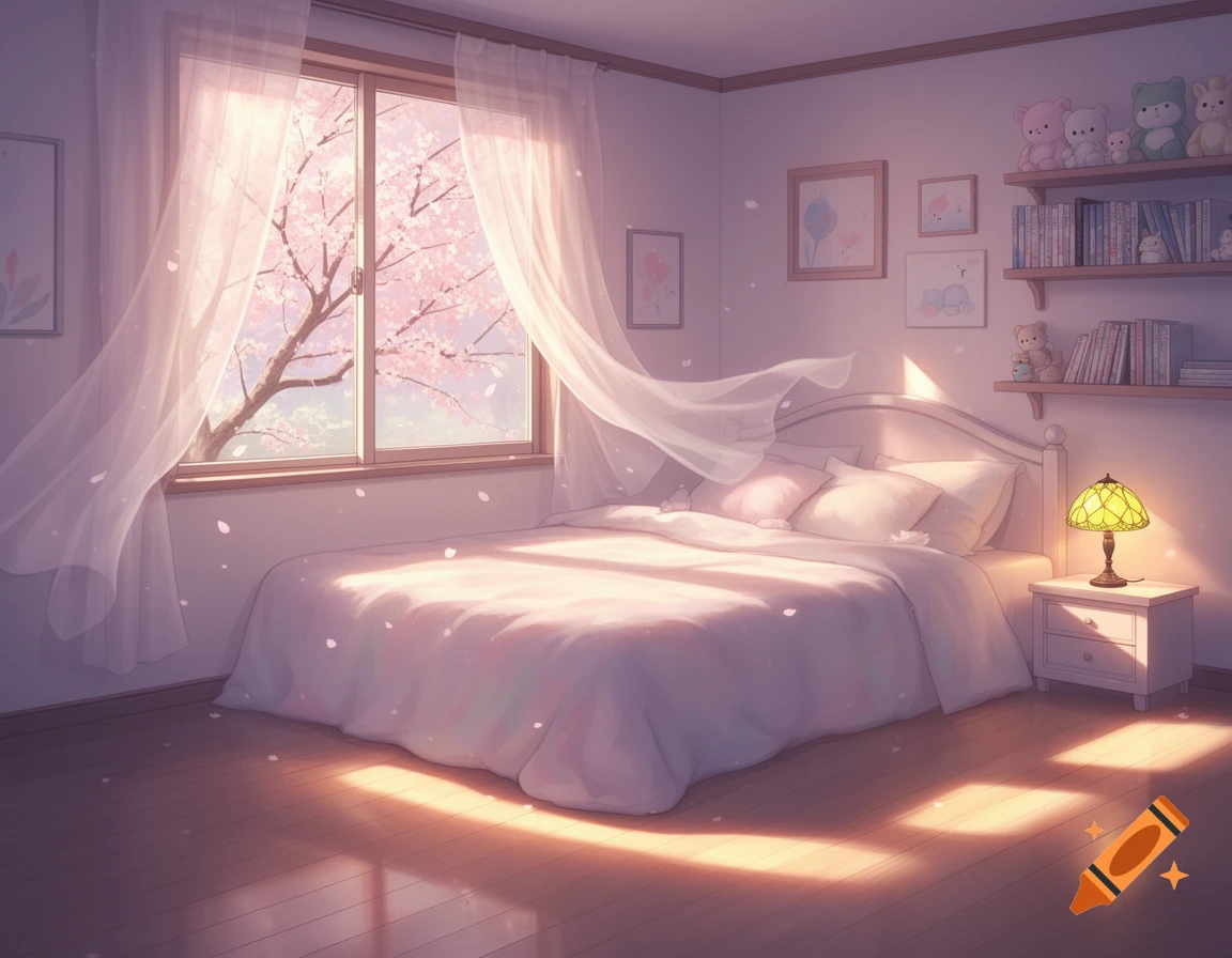 Anime-style bedroom with a bed, nightstand, and shelves, sunlight streaming through a window revealing cherry blossoms.