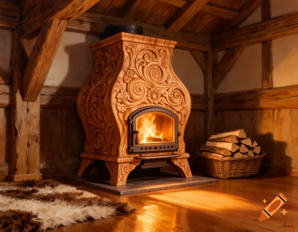 An intricately carved wooden stove with a fire in a warm, rustic room featuring wooden beams, a fur rug, and a basket of firewood.