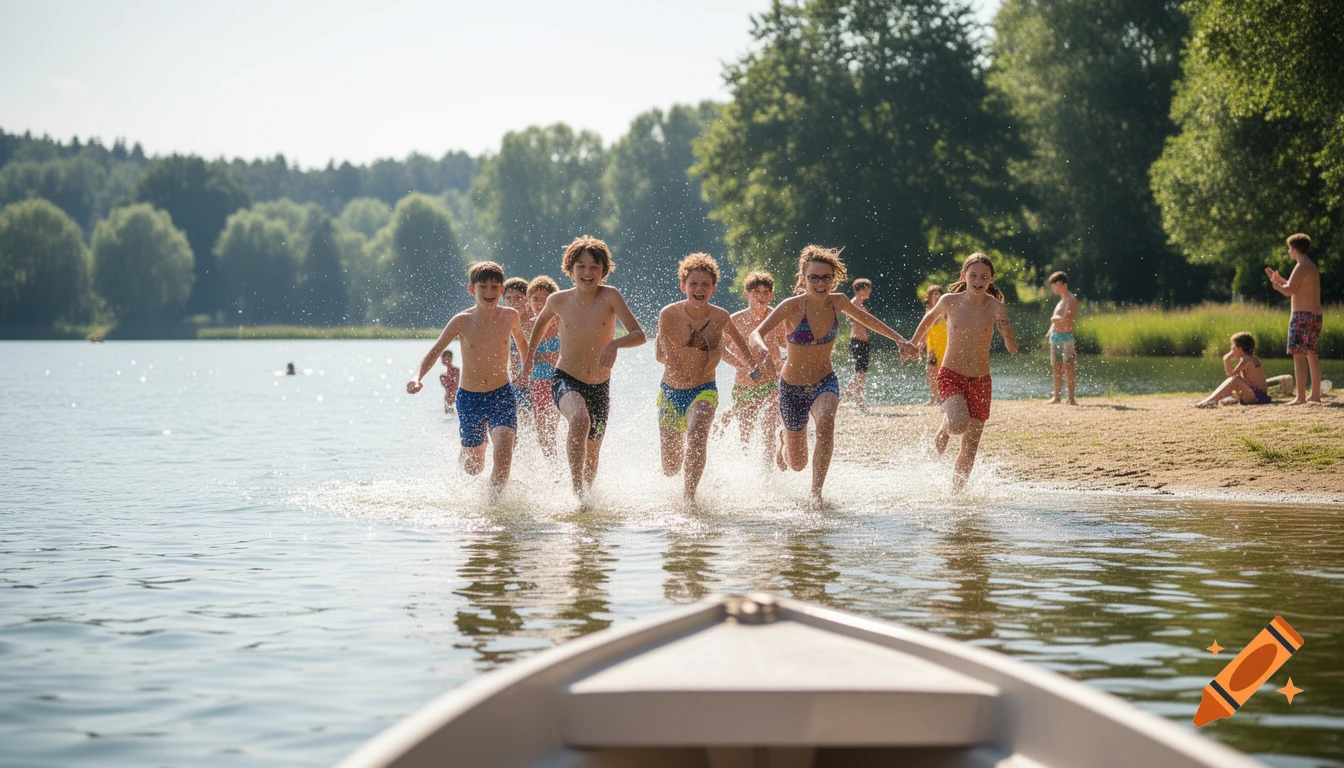 A group of diverse teenagers and children in swimsuits run splashing through the shallow water of a sunny lake toward the camera, viewed from a boat.