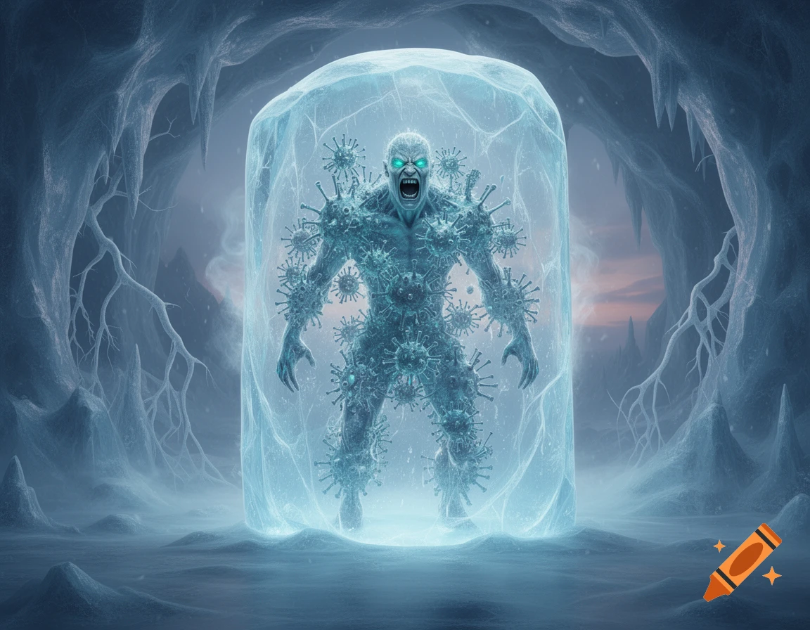 A monstrous humanoid figure, covered in virus-like spikes, is frozen in a block of ice inside an icy cave.