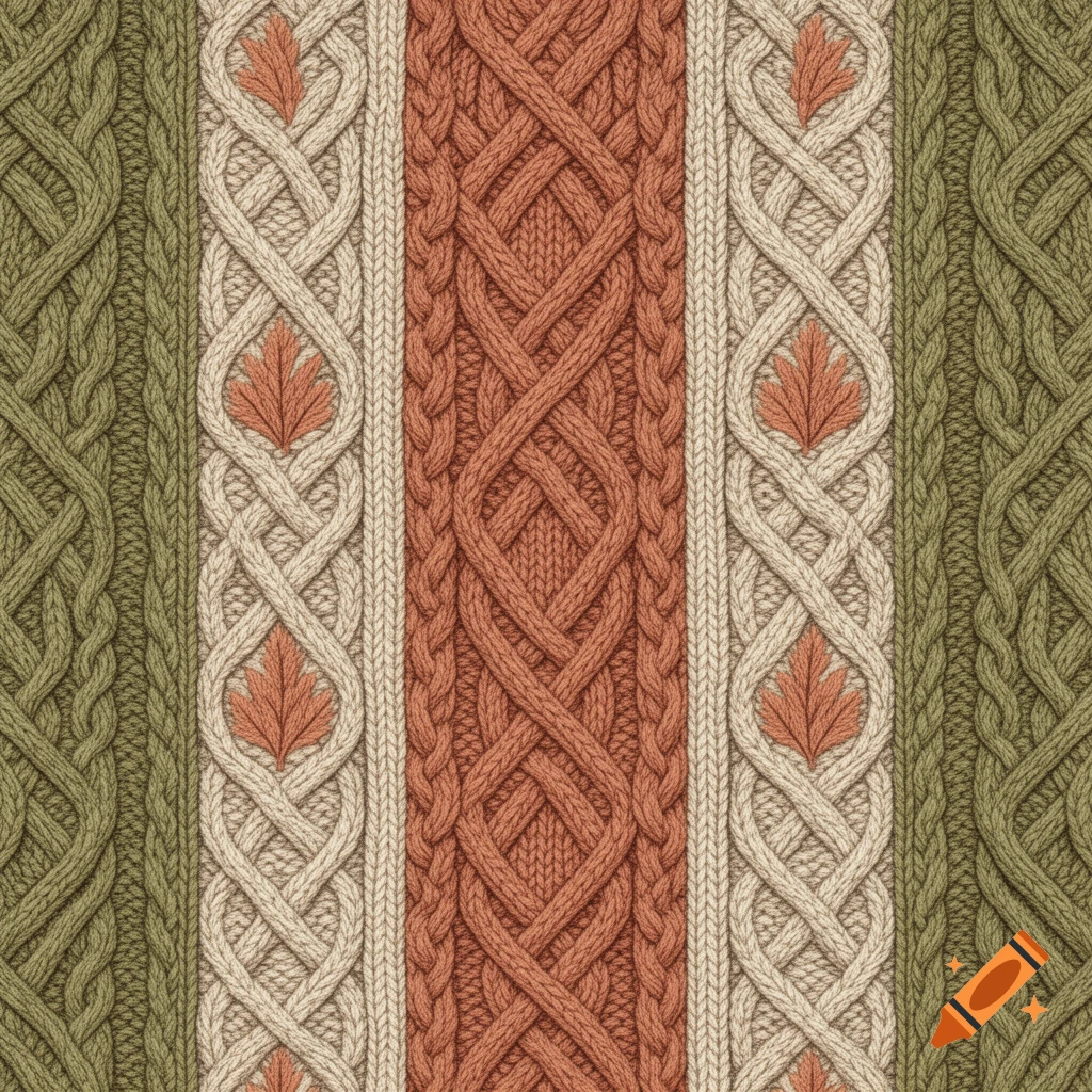 Seamless pattern of variegated cable knit fabric with leaf motifs in green, beige, and reddish-brown.