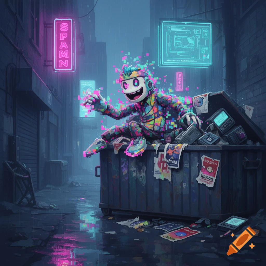 A glitchy, cartoonish character in a colorful suit with a wide smile sits on a dumpster in a dark, neon-lit cyberpunk alleyway, surrounded by discarded electronics and posters, with a pink neon sign reading "SPAMN" in the background.