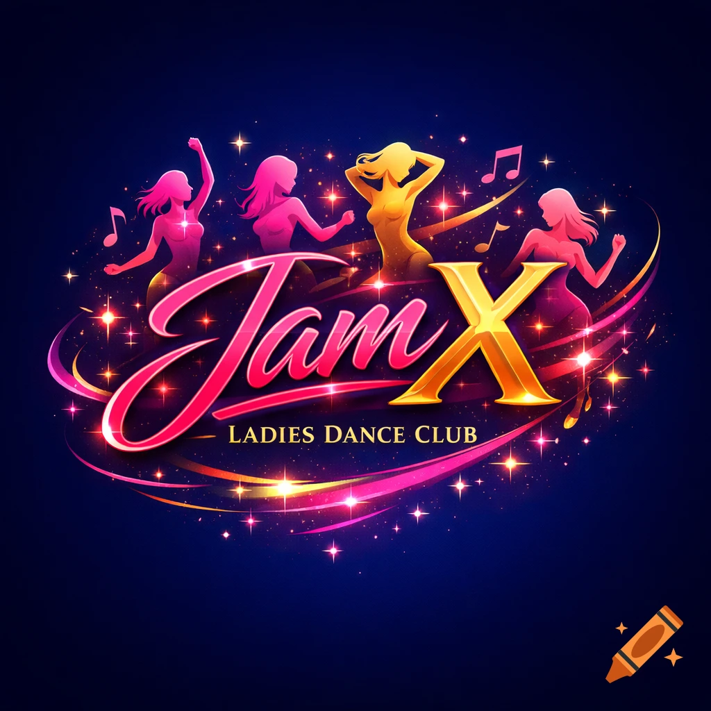 Vibrant 'Jam X Ladies Dance Club' logo with stylized pink and gold dancing women, musical notes, and sparkling stars.