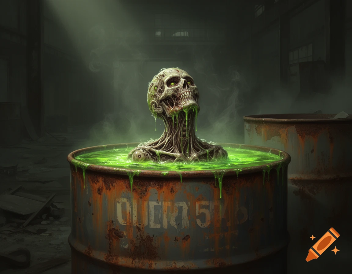 A decomposing zombie-like head and torso emerging from a barrel of glowing green toxic waste in a dark, industrial setting.