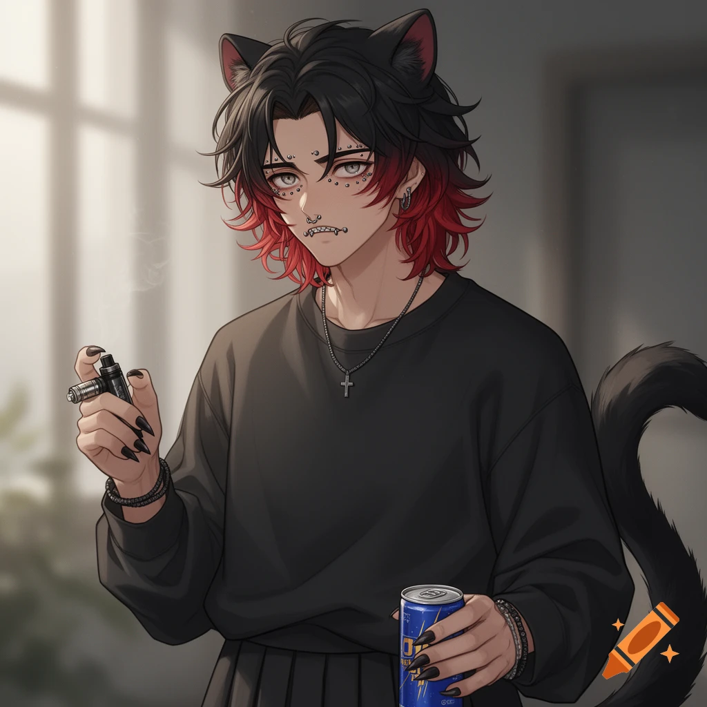 Anime-style character with black and red hair, cat ears and tail, piercings, black nails, holding a vape and an energy drink.