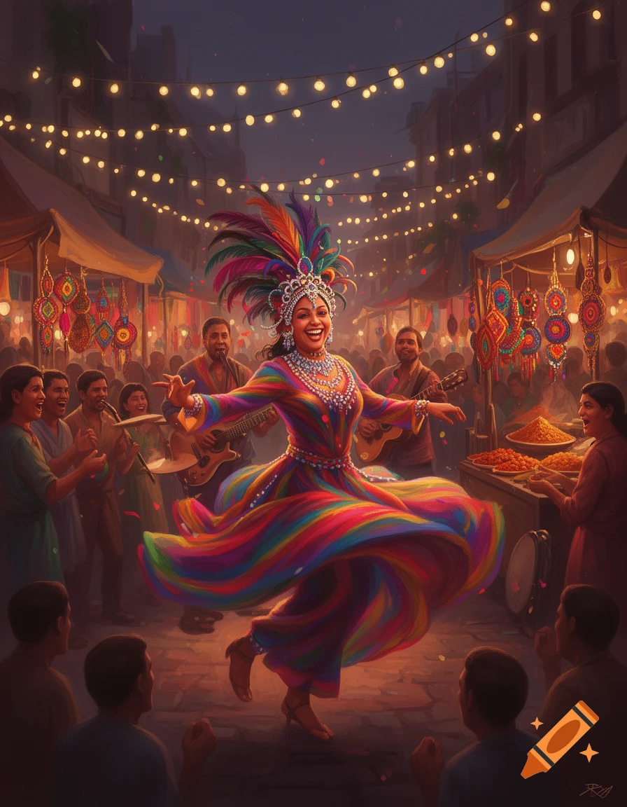 Vibrant painting of a woman in a colorful dress dancing at a festive night market, with string lights overhead and musicians in the background.