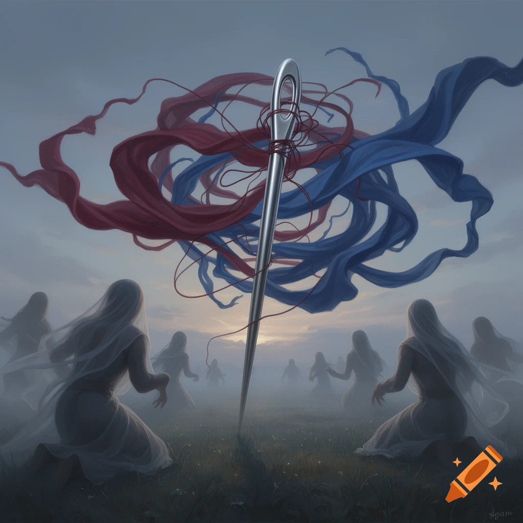 A symbolic painting of a giant sewing needle threaded with red and blue, surrounded by veiled figures kneeling in a misty, grassy field.
