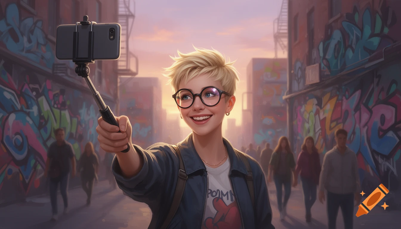 A smiling short blonde person with glasses holds a selfie stick in an urban alleyway with graffiti-covered walls.