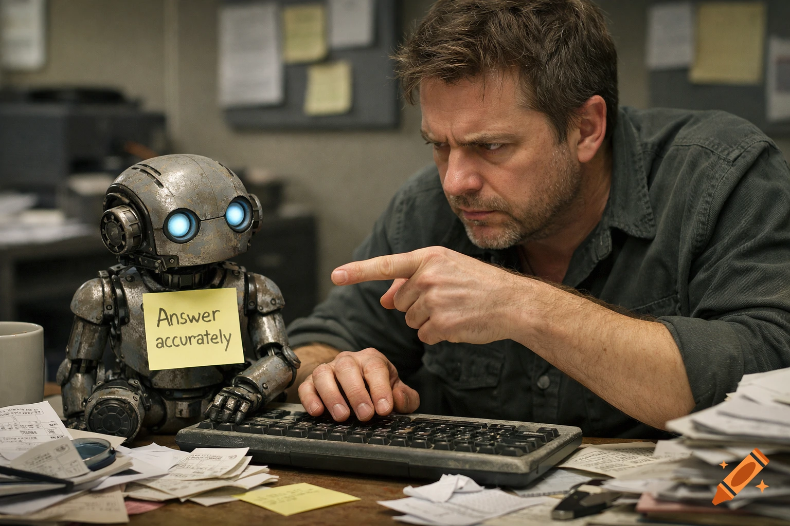 Robot Sticky Note A man points at a small robot with glowing eyes on a cluttered office ...