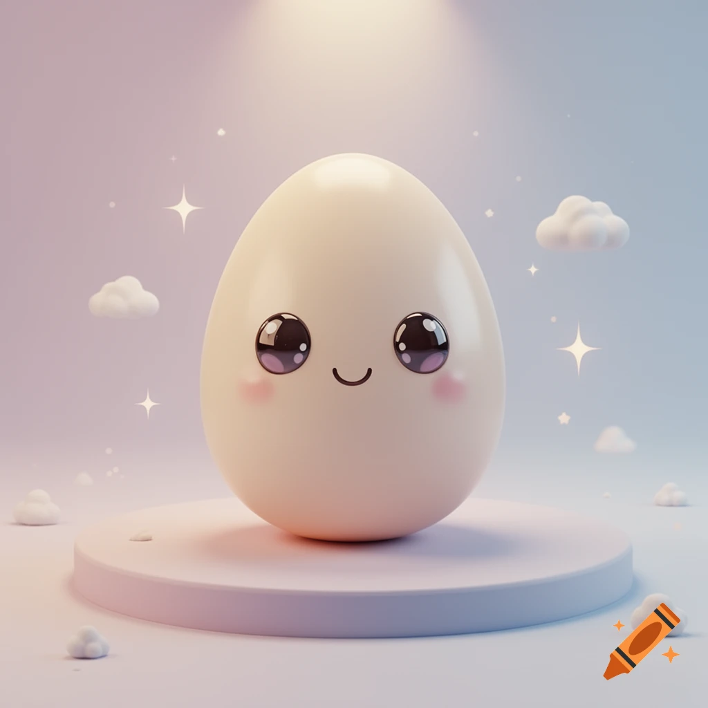 A cute 3D kawaii egg character with big eyes and rosy cheeks stands on a platform with clouds and stars.