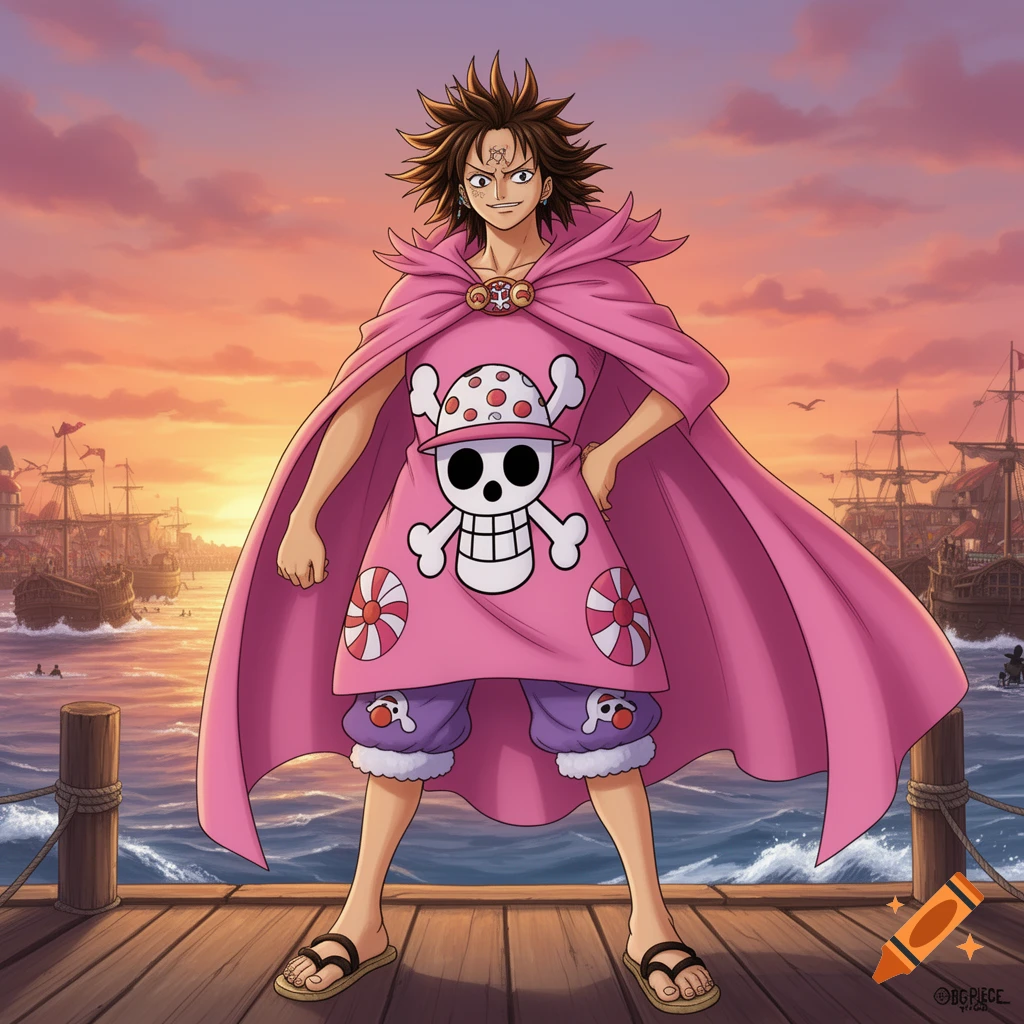 Anime character with spiky brown hair, a pink cape, and a skull and crossbones shirt stands on a pier overlooking a sunset ocean with pirate ships.