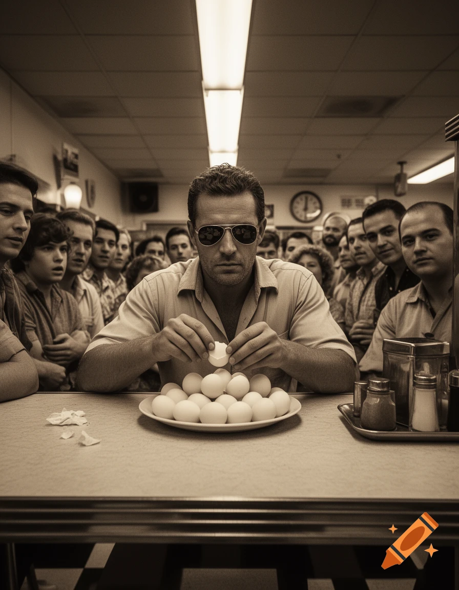 A man in sunglasses cracks an egg over a plate of eggs, watched by a crowd of men in a sepia-toned diner scene.