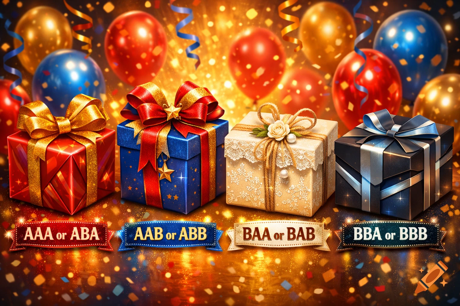 Four vibrant gift boxes with ribbons sit on a confetti-covered surface, surrounded by balloons and sparkling lights. Banners below each box display text like 'AAA or ABA'.