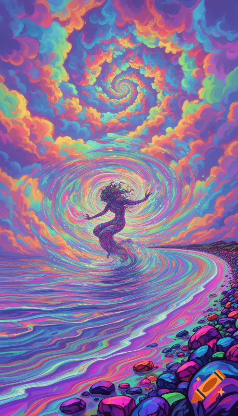 Psychedelic abstract art of a dancing figure within a kaleidoscopic spiral of vibrant clouds and waves on a neon-rocked beach.