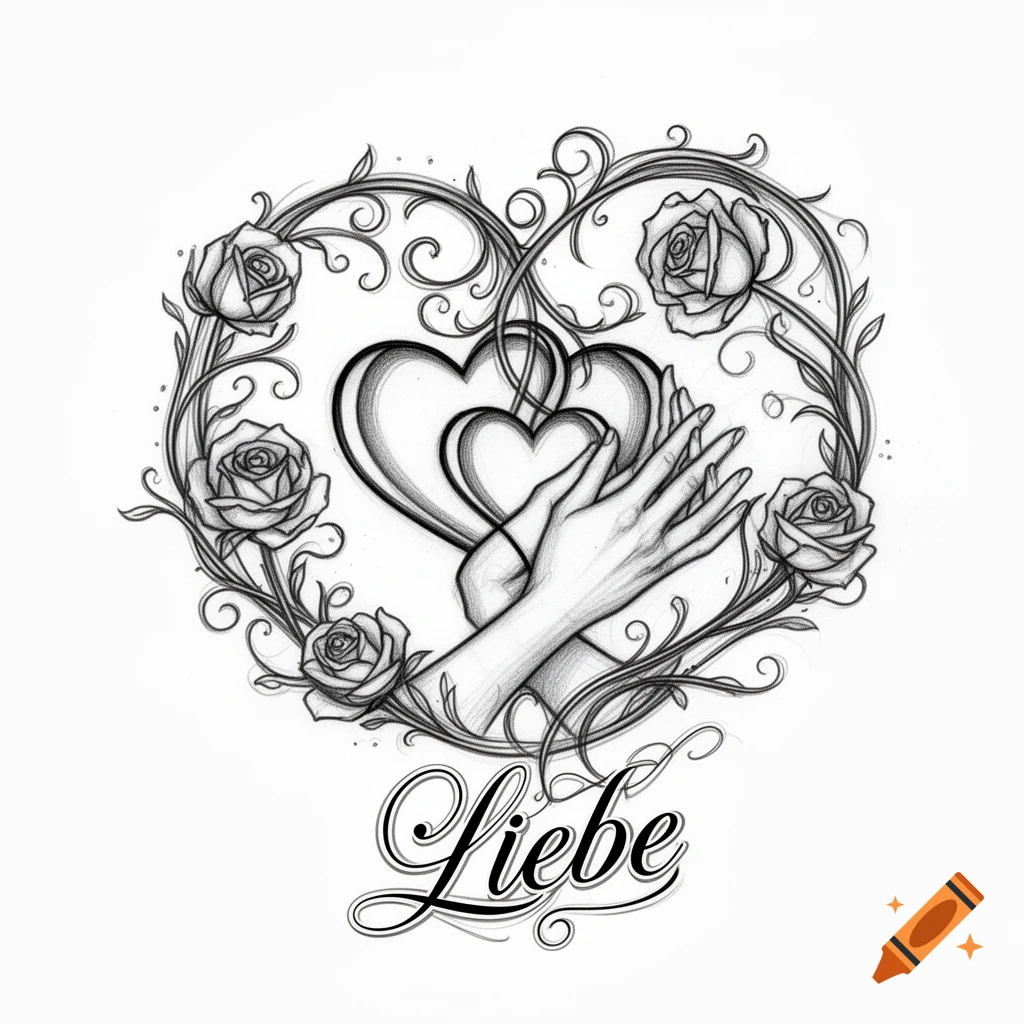 Black and white tattoo sketch of two hands holding intertwined hearts, framed by roses and vines, with 'Liebe' below.