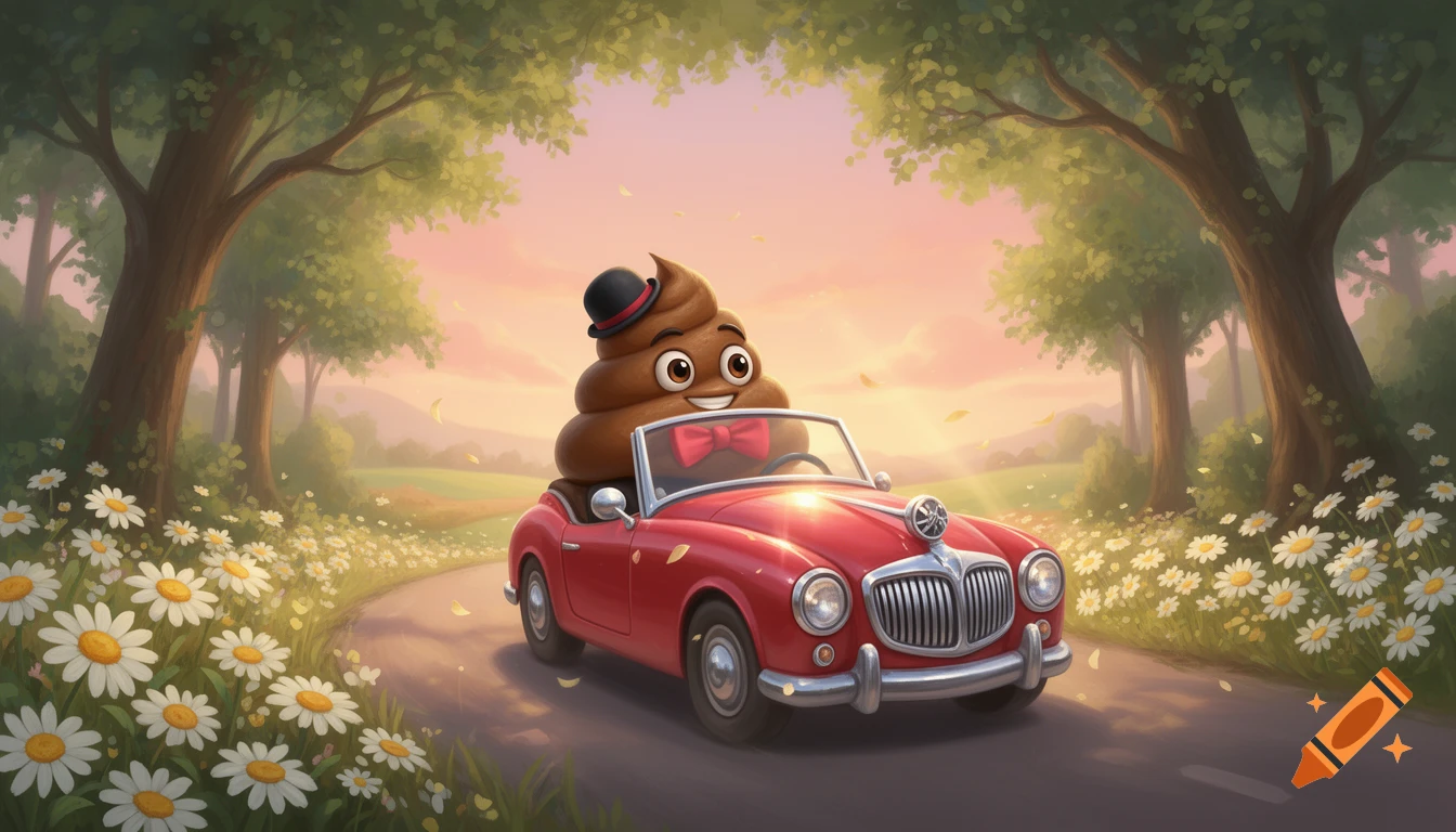 A smiling poop emoji in a bowler hat and bow tie drives a red classic convertible on a road through a sunny, flower-filled landscape.