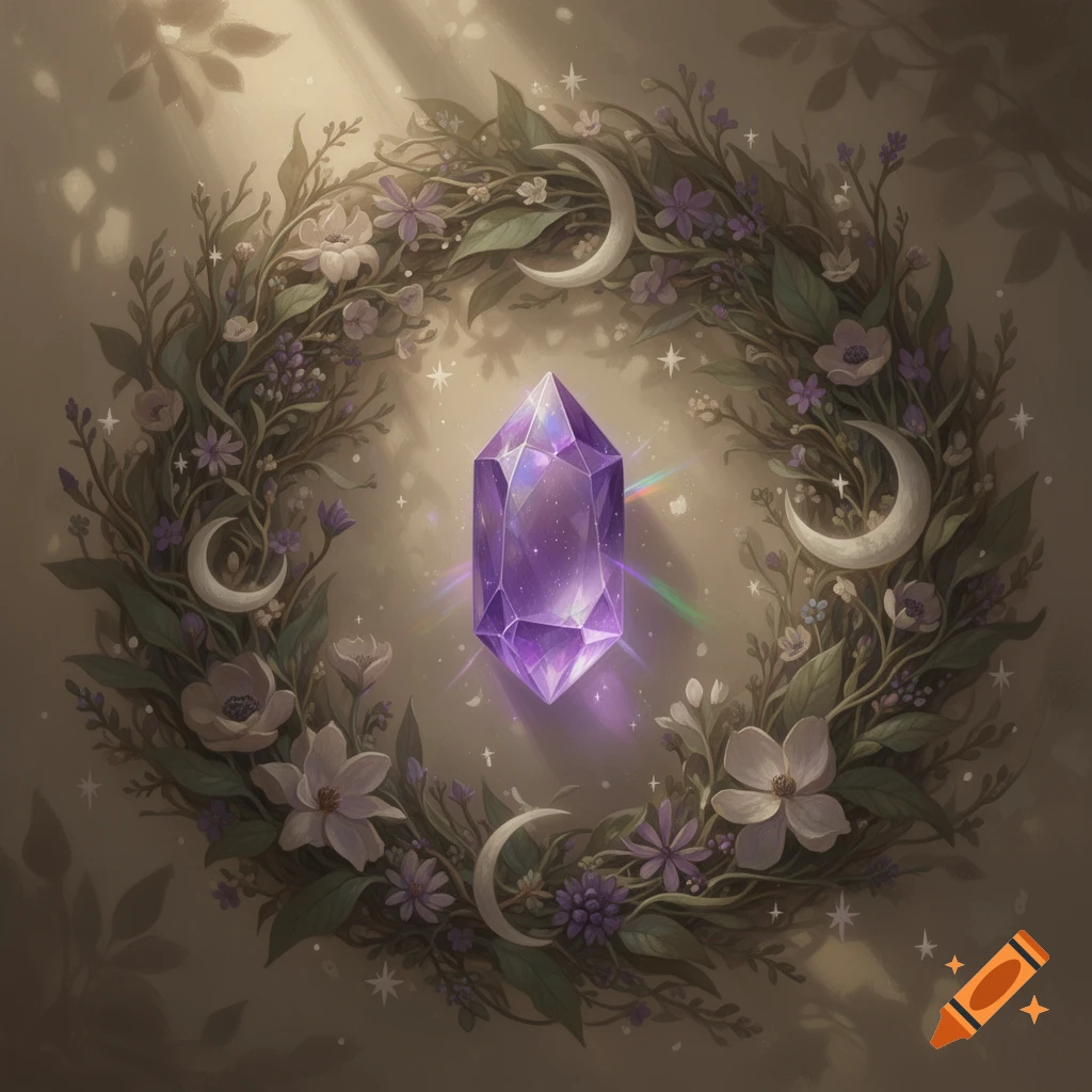 A glowing purple crystal at the center of a botanical wreath with green leaves, purple flowers, white crescent moons, and stars.