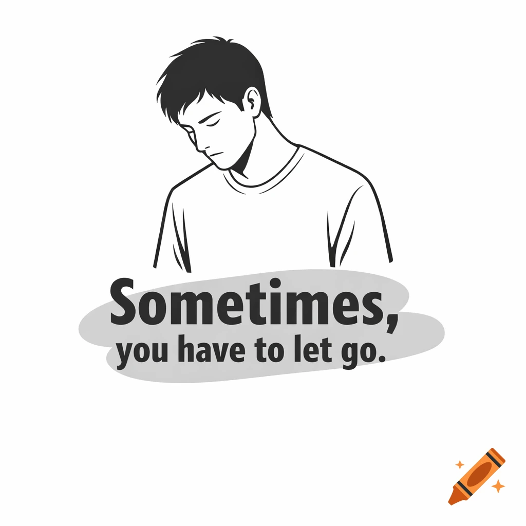 Minimalist black and white line art illustration of a man looking down, with the text 'Sometimes, you have to let go.' below him.