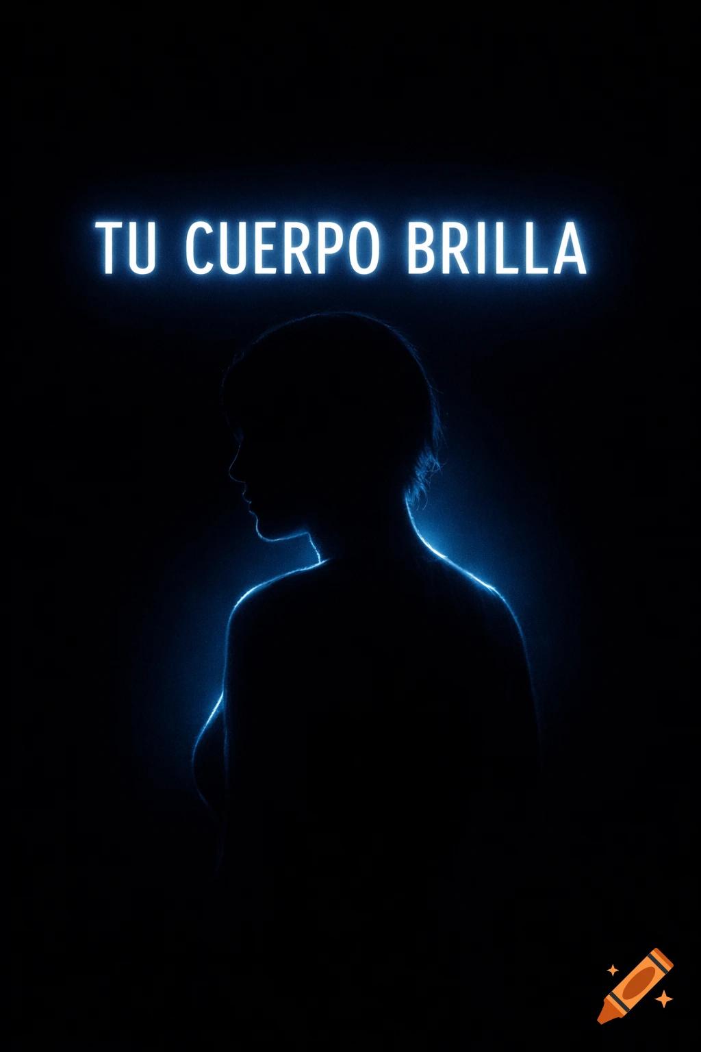 A blue-glowing silhouette of a person from the shoulders up, against a dark background, with "TU CUERPO BRILLA" in neon blue text above.