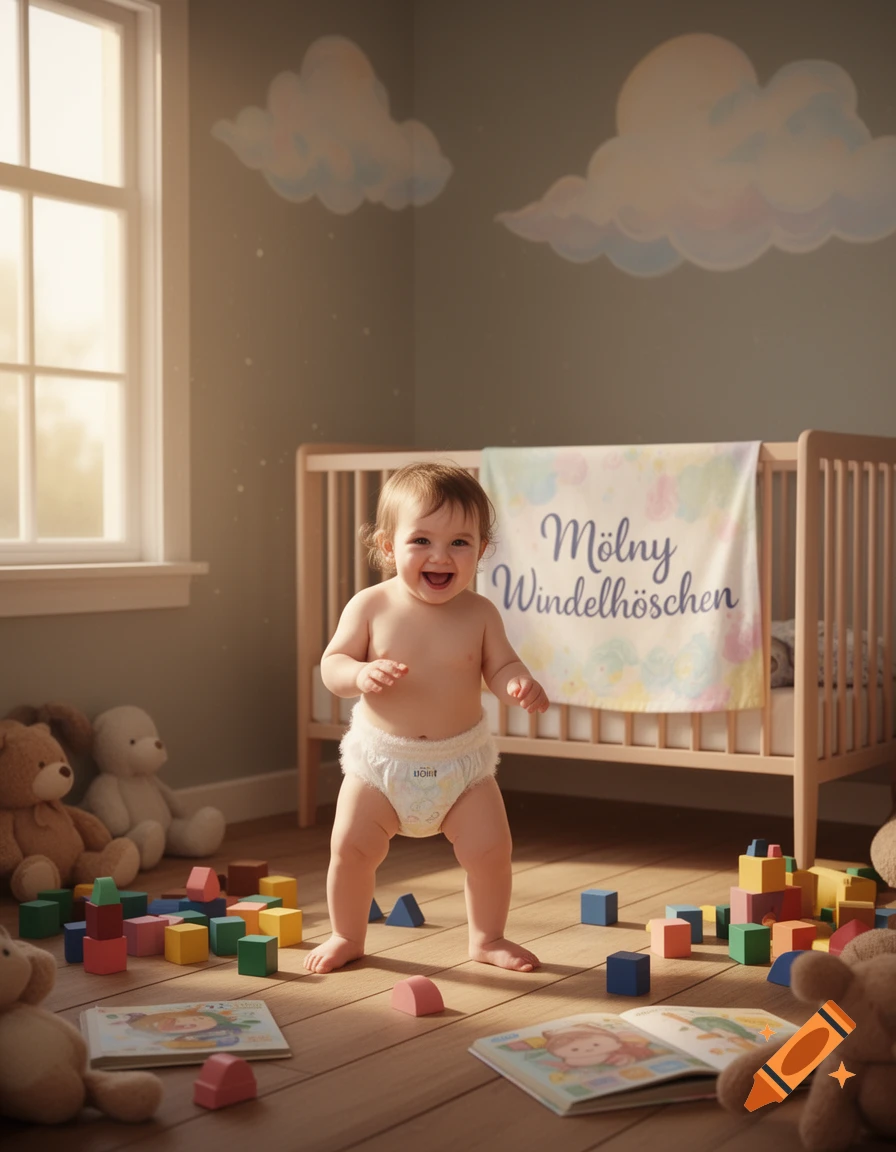 A laughing baby in a diaper stands on a wooden floor, surrounded by colorful building blocks and stuffed animals in a sunlit nursery.