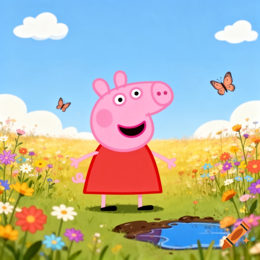 Peppa Pig smiles widely in a vibrant green field filled with colorful flowers, two butterflies, and a muddy puddle under a blue sky.