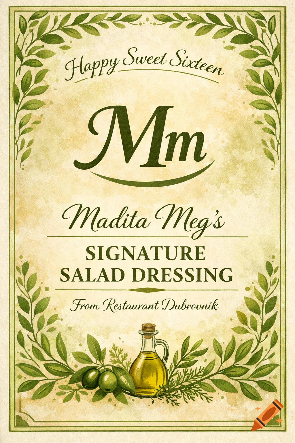 Vintage-style label for 'Madita Meg's Signature Salad Dressing' from Restaurant Dubrovnik, featuring olive branches, olives, an oil bottle, and 'Happy Sweet Sixteen' text.
