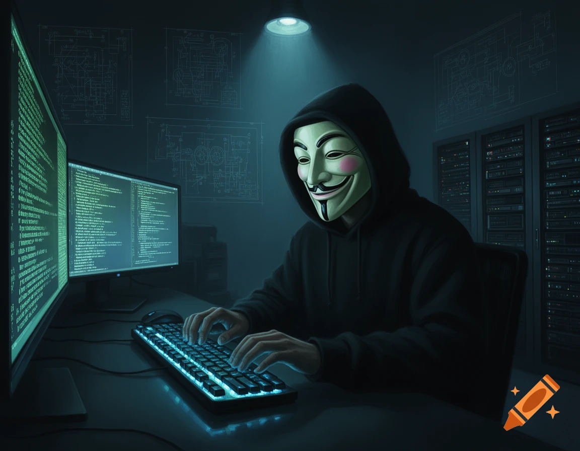 A hooded figure in a Guy Fawkes mask sits at a desk, typing on a backlit keyboard in front of multiple computer monitors displaying glowing green code, with server racks in the background.